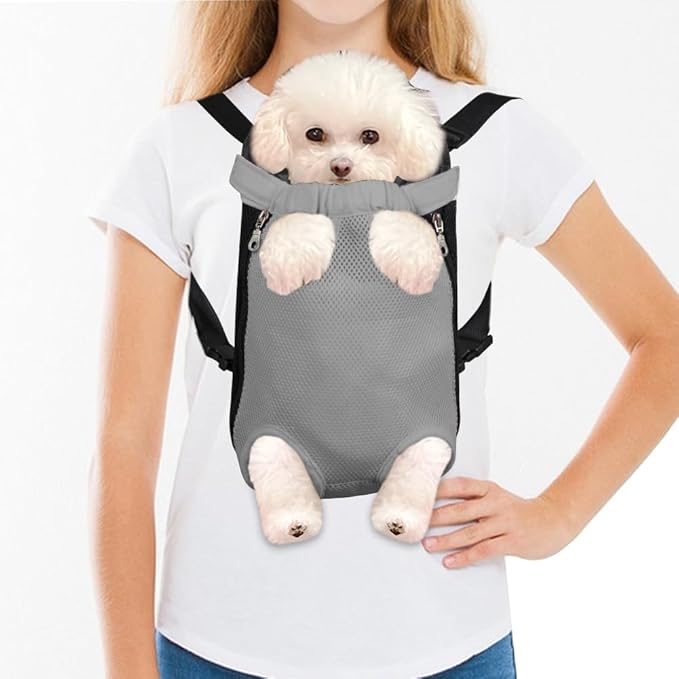FEimaX Dog Carrier Backpack Pet Legs Out Front Cat Travel Bag, Adjustable Puppy Backpacks Carriers Hands-Free for Small Medium Dogs Cats Hiking Traveling Camping Daily Walking (Small, Grey)