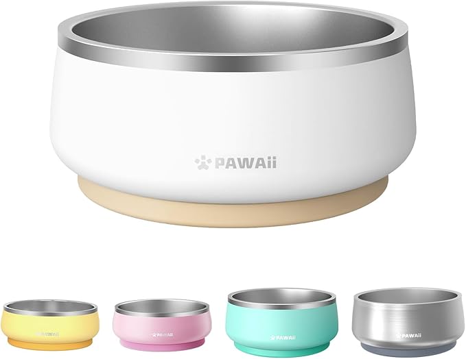 Pawaii Stainless Steel Dog Bowl with Non-Slip Rubber Base & Double Wall Insulation - Durable Design | Includes ID Tag | Dishwasher Safe Food & Water Bowl for All Dogs (68oz)