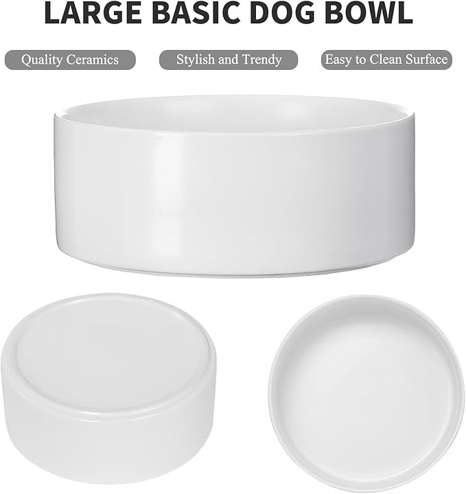 8'' Ceramic Dog Bowl - 70Oz Classic Dogs Food & Water Bowl for Medium and Large Breeds, Heavy-Duty Non-Slip Dog Dish, Food Grade Stoneware Pet Bowl, Dishwasher & Microwave Safe, White