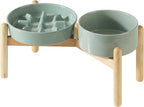 Ceramic Raised Slow Feeder Dog Bowl Set, Elevated 6.1inch Bowl and 7.3inch Slow Pet Food Dish with Wooden Stand for Small and Medium Dog (2 x Light Green+ Stand)
