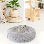 Cat Beds for Indoor Cats - Cat Bed Washable 24 inches, Dog Beds for Small Medium Dogs, Anti Anxiety Round Fluffy Plush Faux Fur Cat Bed, Thick Bottom (Light Grey, Large)