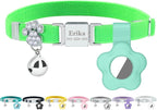 Personalized Safety Elastic Cat Collars with Bell Soft Silicone Cover for Air Tag,Laser Customized Stretch Kitten Collars for Girls Boys Cats (Light Green)
