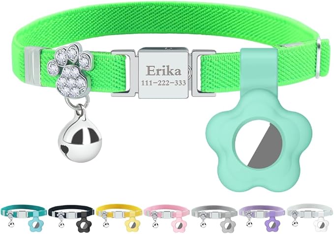 Personalized Safety Elastic Cat Collars with Bell Soft Silicone Cover for Air Tag,Laser Customized Stretch Kitten Collars for Girls Boys Cats (Light Green)