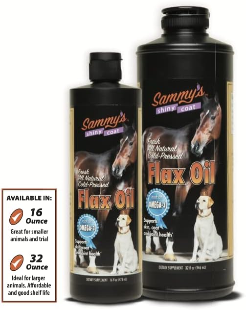 Sammy’s™ Shiny Coat Flaxseed Oil - 100% Pure, Natural Flax Oil, Cold-Pressed, Excellent Source of Omega-3 for Your Furry Friend, for Healthier Skin and Coat of Your Dogs, Cats, Other Pets - 32 Oz
