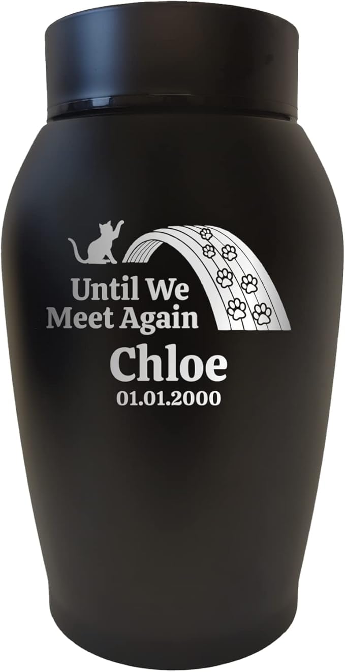 Personalized Custom Small Keepsake Urn Engraved with Pet Name, Date and Cat Design - 5.2" Black Powder Coated Steel Cremation Urn for Cat Ashes | 12-16 lb Capacity, Rainbow