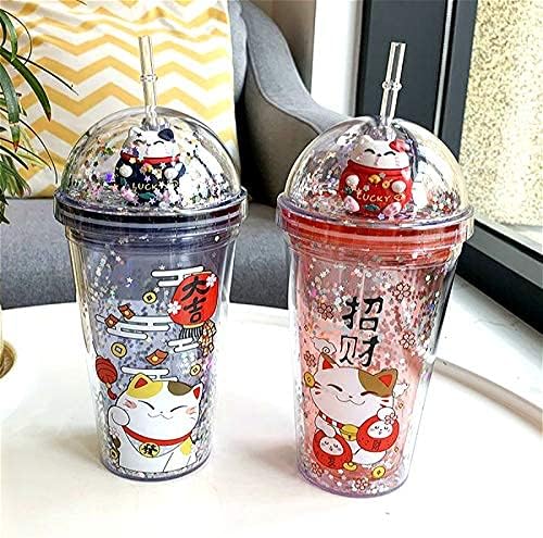 Lucky Cat Cups with Straw Paty Kitten Travel Drinking Tumblers Plastic Water Bottle Birthday Gift (red cat, 6.5 * 20 cm)