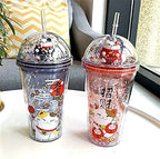 Lucky Cat Cups with Straw Paty Kitten Travel Drinking Tumblers Plastic Water Bottle Birthday Gift (red cat, 6.5 * 20 cm)