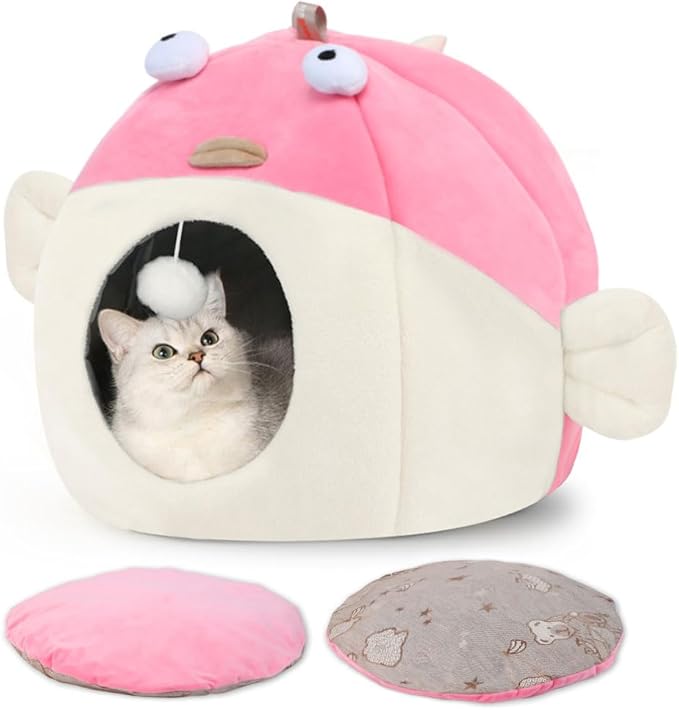 Vanansa Cat Bed for Indoor Cats, Large Covered Cat Bed with Anti-Scratch Lining, Ultra Soft Cat Hideaway, Warm Cute Cat House with Hanging Toy, Pet Bed for Large Cats, Puppy Dog 9-13LB (L, 18" x 15")