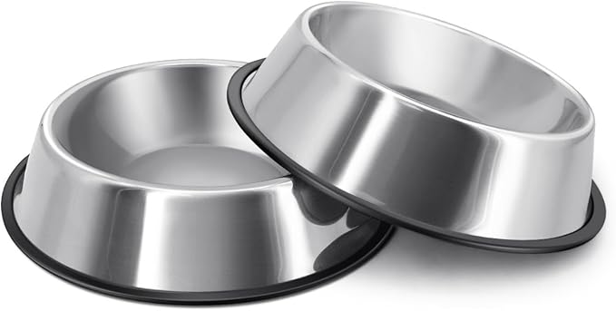 Flexzion Stainless Steel Dog Bowl No Mess Non Spill Dog Water Bowl Rubber Base Dog Bowls for Medium Sized Dog, Food and Water Dish, Pet Food Holder, 22 cm