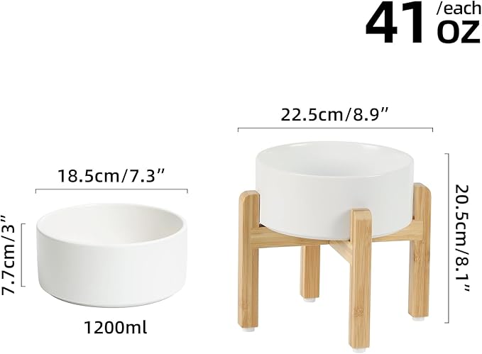 Ceramic Raised Dog Bowl Set, Elevated with Stand, Food and Water Bowl for Medium Breed Dogs, Weighted Dog Dishes, Pet Bowl(7.3'',41OZ, White)