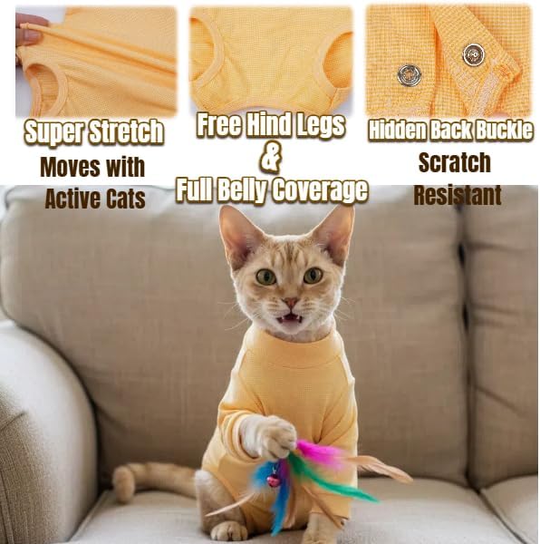T'CHAQUE Cat Surgery Recovery Suit, Anti-Licking Onesie for Post-Spay/Neuter Abdominal Wound, Cat Recovery Suit with Adjustable Drawstring Collar - Long Sleeve Kitten Surgical Onesie, Orange, M