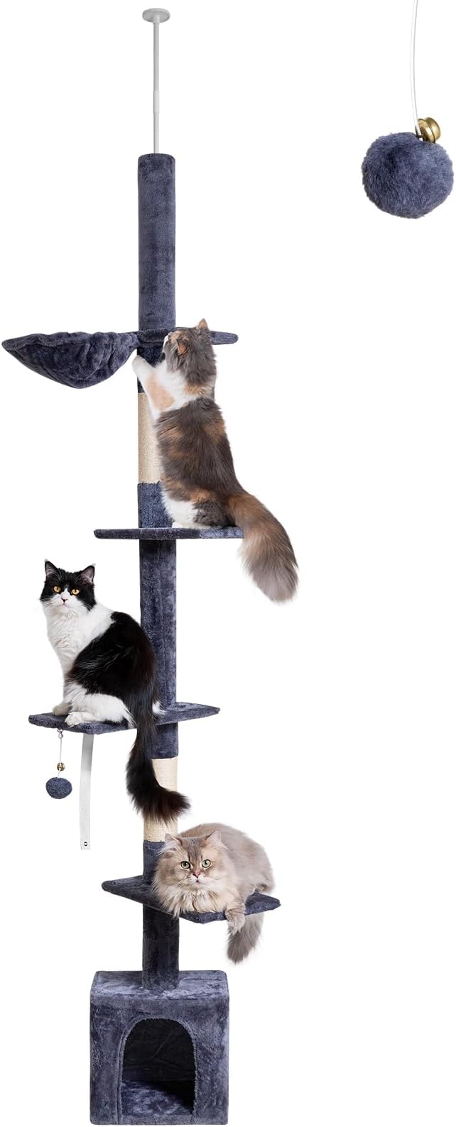 Floor to Ceiling Cat Tree, 5-Tier Height (95-109 inches) - Adjustable Cat Climbing Tower with Sisal Scratching Posts, Cat Condo, Hammock, Platforms, and Hanging Balls
