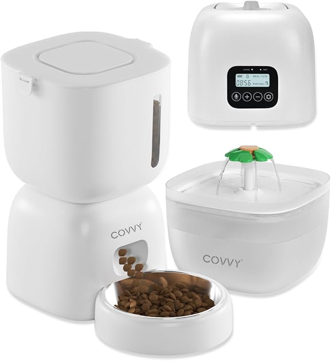 Automatic Pet Feeder and Water Dispenser, LCD Screen Timer for Cats & Dogs, Locking Lid, 1-4 Meal Portions, Dual Power, Voice Recorder