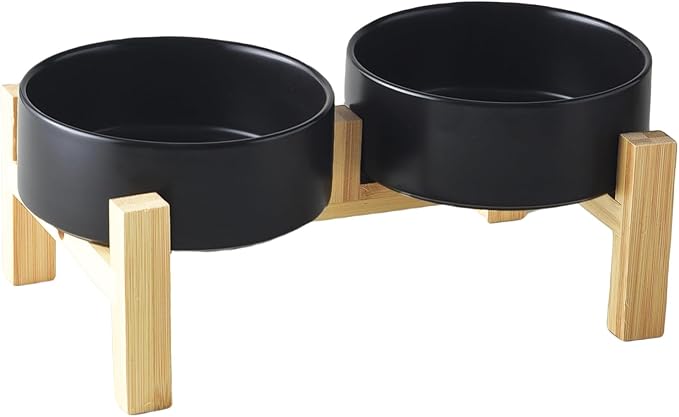 Elevated Ceramic Dog Bowl Set - Raised Dog Bowls with Non Slip Bamboo Stand, Food and Water Bowl Set for Kitty, Cats and Toy Breed Dogs, Pet Bowls, Weighted Dogs Dishes (5.1'', 2*16OZ, Black)