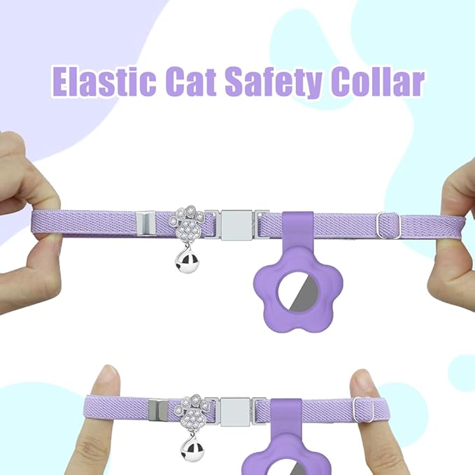 Personalized Safety Elastic Cat Collars with Bell Soft Silicone Cover for Air Tag,Laser Customized Stretch Kitten Collars for Girls Boys Cats (Purple)