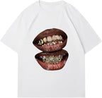 Verdusa Women's Lips Print Graphic Tees Y2k T Shirts Summer Crew Neck Vintage Going Out Tops