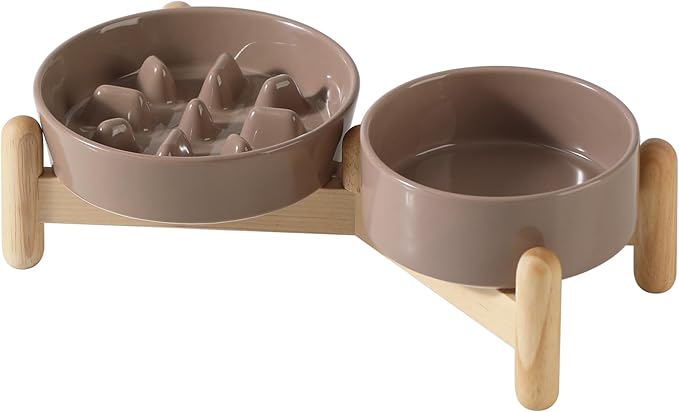 Ceramic Raised Slow Feeder Dog Bowl Set, Elevated 5.1inch Bowl and 6.1inch Slow Pet Food Dish with Wooden Stand for Small Dog and Cat (2 x Brown Coffee+ Stand)