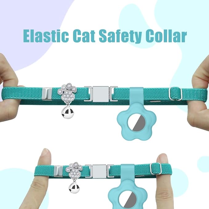 Personalized Safety Elastic Cat Collars with Bell Soft Silicone Cover for Air Tag,Laser Customized Stretch Kitten Collars for Girls Boys Cats (Cyan)