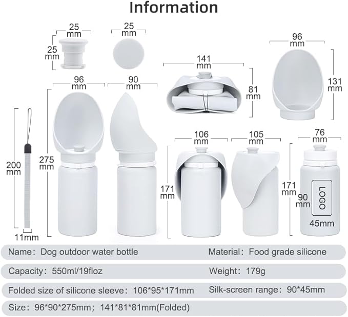 Portable Dog Water Bottle, 19 oz Capacity, Foldable Silicone Design, Leak-Proof Travel Bottle with Drinking Trough