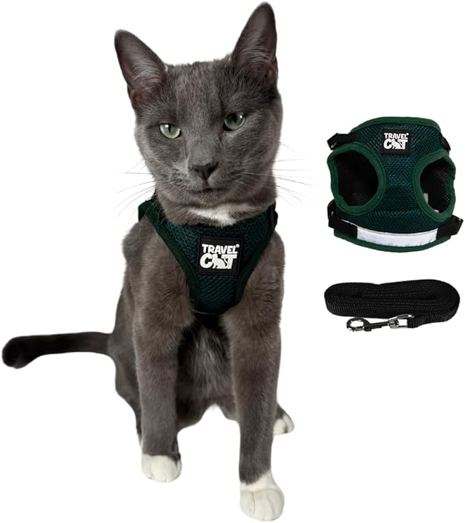 Travel Cat The Emerald Explorer Limited Edition Green Harness and Leash Set - Adjustable Fit Mesh Cat Harness with Reflective Strap - Escape Proof Harness for Cats, Kitten (Emerald, Extra Small)
