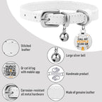BRONZEDOG Leather Cat Collar with Removable Bells Non Breakaway Kitten QR Tag for Girl Boy (9" - 12" Cats/Mini Dogs, White & Silver)