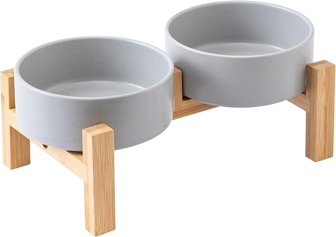 Elevated Ceramic Dog Bowl Set - Raised Dog Bowls with Non Slip Bamboo Stand, Food and Water Bowl Set for Kitty, Cats and Toy Breed Dogs, Pet Bowls, Weighted Dogs Dishes (5.1'', 2*16OZ, Grey)