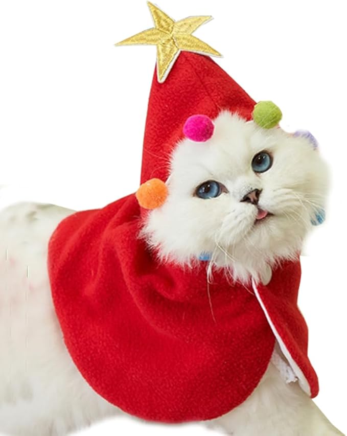 ANIAC Pet Dog Christmas Costume Puppy Xmas Cloak with Star and Pompoms Cat Santa Cape with Santa Hat Red Doggy Outfit Winter Cat Clothes for Kitten and Small to Medium Sized Dog (Small, Red)