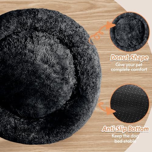 JOLLYVOGUE Calming Dog & Cat Bed for Large Dogs, Anti-Anxiety Donut Cuddler Cozy Soft Round Bed with Anti-Slip Bottom, Fluffy Faux Fur Plush Cushion Beds for Medium Dogs (36")
