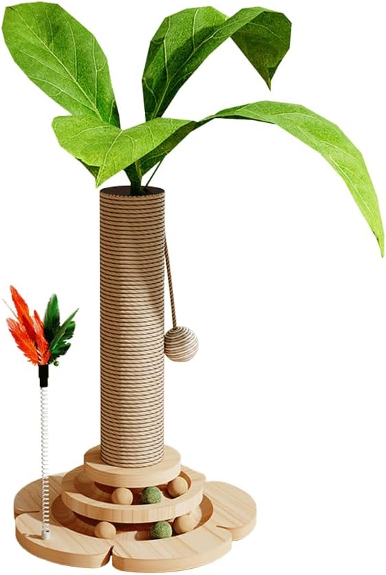 Marchul Cat Scratching Post with 2 Level Track Ball Tower Toy for Indoor Cats and Kitten, 3D Decorative Leaves, Sisal Rope, Interactive Cat Toy for Kitten Mental Physical Exercise