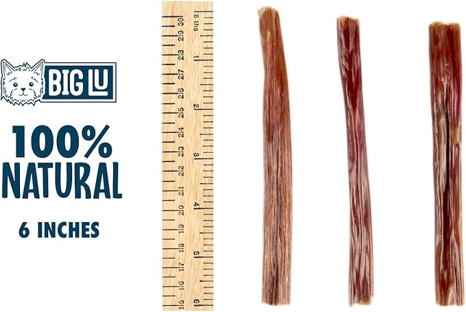 Big Lu - 6-Inch Jerky Gullet Sticks, 6 Count, All-Natural Beef Dog Chews, Grass-Fed, Free-Range, Digestible Treats with Glucosamine and Chondroitin for Joint Health, Dogs