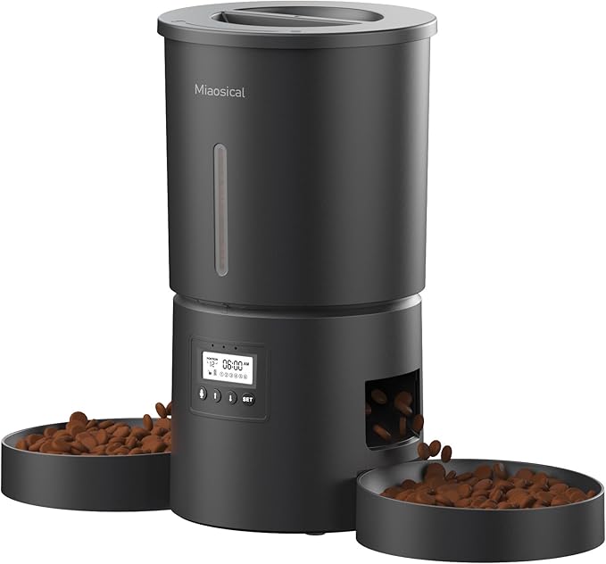 Dual Automatic Cat Feeder 2 Cats,6 Meals/Day,12 Portions/Meal,4.2L Dual Power Double Bowls Feeder,Dry Food Auto Pet Dispenser,10S Voice Record,Flexible Schedule Timer (Black,Basic Dual Bowls)