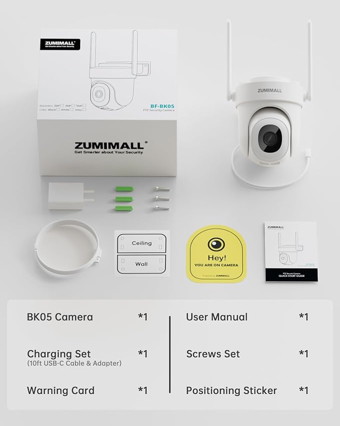 ZUMIMALL 3MP Security Camera Outdoor - 360° PTZ Auto Tracking | 24/7 Recording Wired Power, 2.4G/5G Wireless WiFi | Motion & Noise Detection, Color Night Vision, 2-Way Audio | Compatible with Alexa