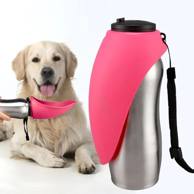 Portable Dog Water Bottle, 24 oz, Stainless Steel, Convenient Pet Water Dispenser, Collapsible Travel Bowl, Walking, Hiking, and Outdoor Activity, Compatible with Various Pets, Houd2Go (Pink, 24oz)