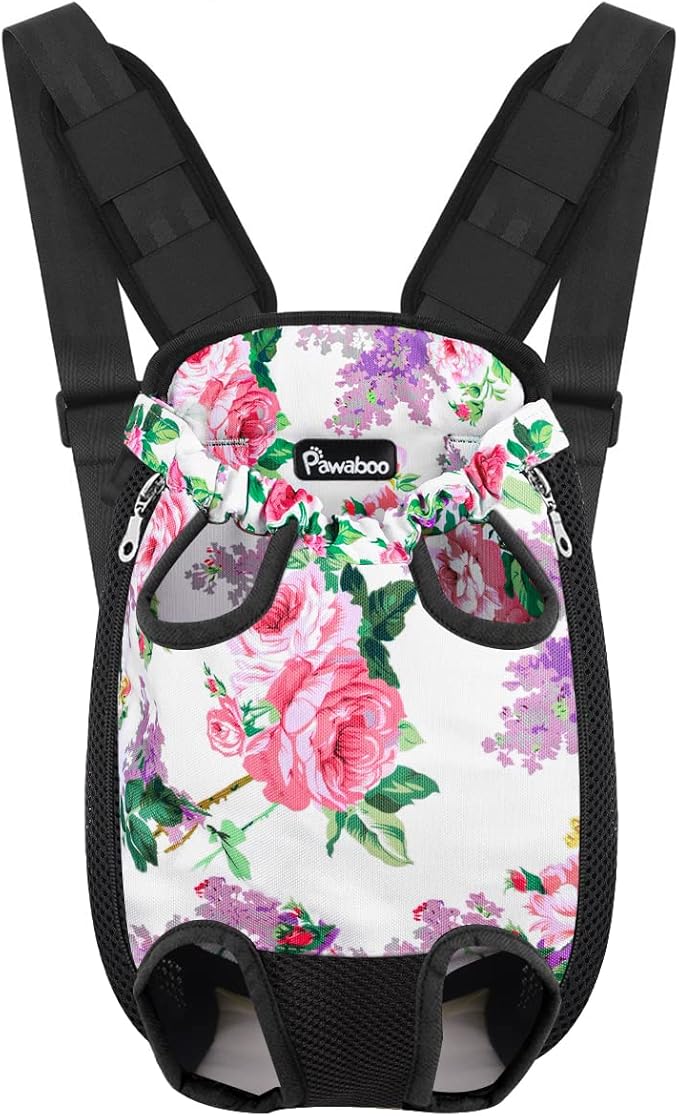 Pawaboo Pet Carrier Backpack, Adjustable Pet Front Cat Dog Carrier Backpack Travel Bag, Legs Out, Easy-Fit for Traveling Hiking Camping for Small Medium Dogs Cats Puppies, Medium, Flowers