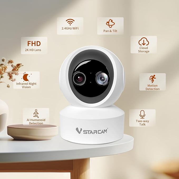 VSTARCAM Indoor Security Camera,2K HD 360° PTZ Dog Pet Camera with Phone APP, Night Vision, 2-Way Audio, Hybrid Zoom, 2.4G WiFi Dual Monitor, 7/24 Recording, Cloud/SD Card Storage (CS49D)