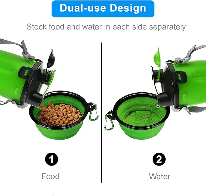 Dog Travel Water Bottle Collapsible Bowls, 2 in 1 Pet Food Container with Collapse Bowls, Outdoor Portable Water Bowls for Walking, Traveling, Camping and Hiking (Green)