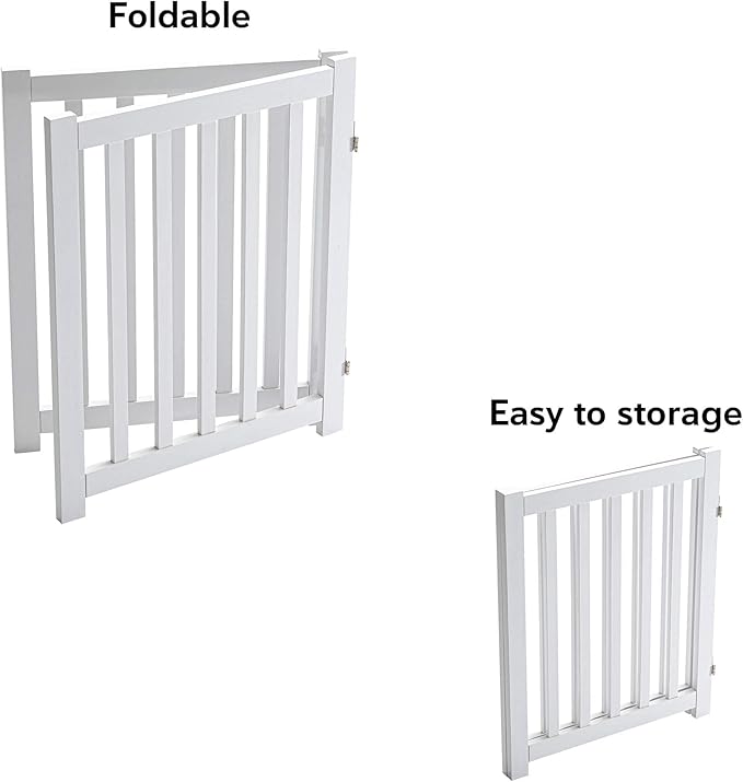 LZRS 2-Panel Wooden Free Standing Foldable Dog Gate Indoor – Solid Hardwood 24" High, Step-Over Safety Pet Gate for Doorways, Stairs & Small Spaces - Indoor Use, White