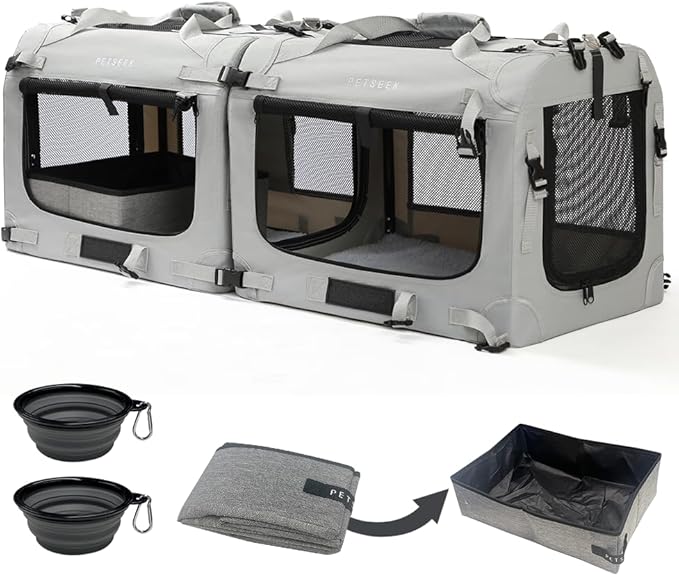 Extra Large Cat Carrier Soft Sided, Portable Small Dog Carrier for 2 Cats, 24"x16.5"x16" Car Travel Folding Comfortable Design with Litter Box and Bowls, Grey-2+ Litter Box+ Bowl*2