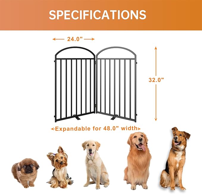 2 Panels Full Matel Freestanding Dog Gates with Door, 48"Extra Wide 32"Tall Free Standing Dog Pet Gate for Indoor & Outdoor. Foldable Pet Fences for Doorways, House, Stairs, Porch, Deck, Yard