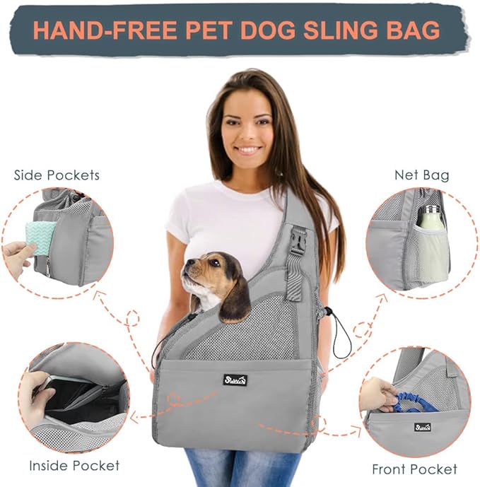 SlowTon Pet Dog Sling Carrier, Hands Free Hard Bottom Papoose Small Animal Puppy Up to 12 lbs Travel Bag Tote Breathable Mesh Support Adjustable Padded Strap Pocket Safety Belt Machine Washable