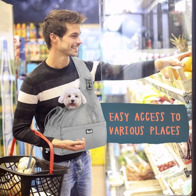 SlowTon Pet Dog Sling Carrier, Hands Free Hard Bottom Papoose Small Animal Puppy Up to 6 lbs Travel Bag Tote Breathable Mesh Support Adjustable Padded Strap Pocket Safety Belt(Widened Grey)