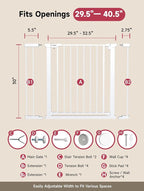 29.5-40.5" Baby Gate for Stairs, Dog Gate for Doorways, Walk Thru Auto Close Metal Baby Safety Gate for The House, Stairs and Doorways, Child Gate Pressure Mounted, Pet Gate for Dog Indoor - White