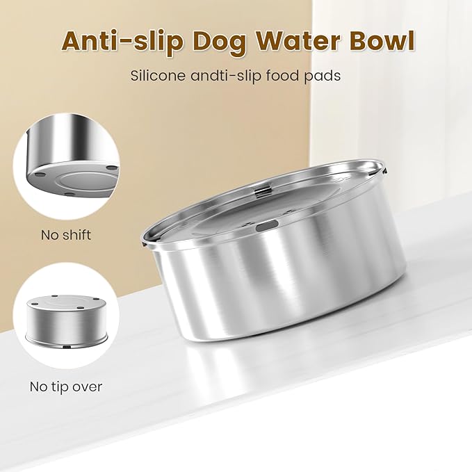 Dog Water Bowl No Spill 3L Stainless Steel,Spill Proof Slow Water Bowl for Dogs,Non-Slip Slobber Stopper Slow Drinking Feeder for Sloppy Messy Drinkers, Indoor and Outdoor Use