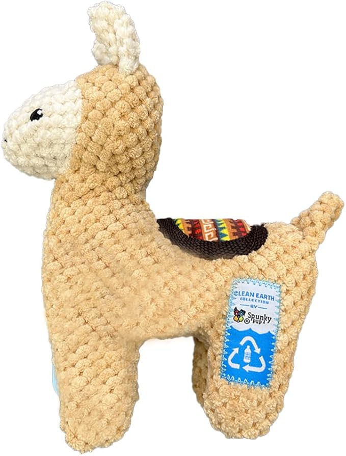 Spunky pup Clean Earth Plush Dog Toy with Squeaker - Recycled, Eco-Friendly, Floats for Beach, Lake, Pool - Llama
