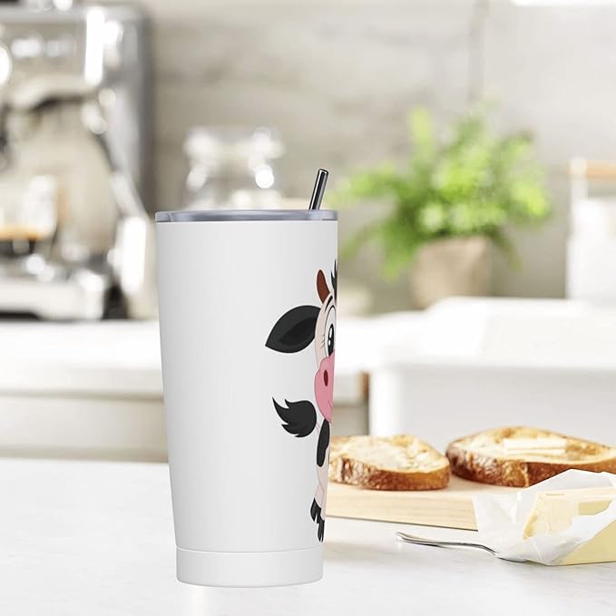 Dujiea 20oz Tumbler With Lid And Straw, Cute Cartoon Milk Cow Vacuum Insulated Iced Coffee Mug Reusable Travel Cup Stainless Steel Water Bottle