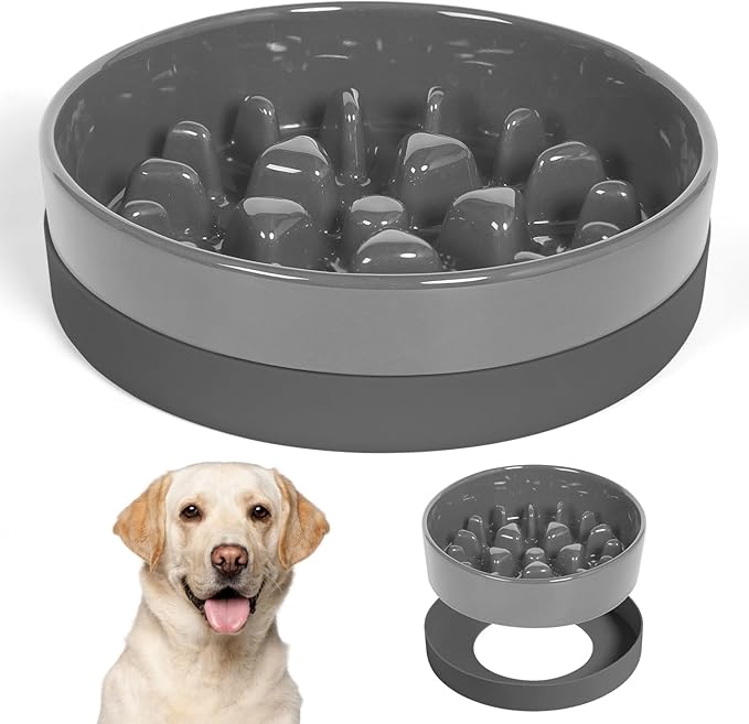 Sted Ceramic Slow Feeder Dog Bowl for Medium Large Breed, Puzzle Dog Food Bowl with Silicone Base, Maze Grey