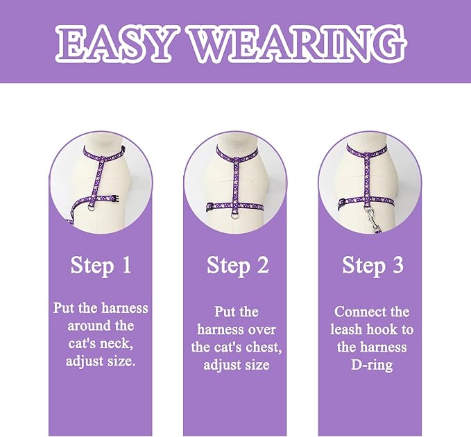 2 Pack Cat Harness and Leash Set with Collar, Escape Proof & Adjustable Kitten Harness for Small to Medium Cats, Walking & Travel Set (Black + Purple)