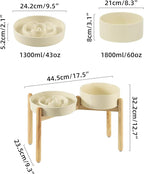 Ceramic Raised Slow Feeder Dog Bowl Set, Elevated 8.2inch Bowl and 9.5inch Puzzle Slow Food Dish with Wooden Stand for Large Dog, Anti-Gulping (2X Beige+ Stand)