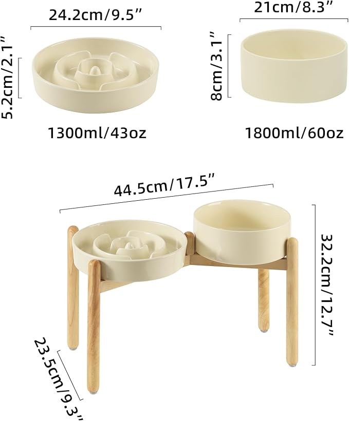 Ceramic Raised Slow Feeder Dog Bowl Set, Elevated 8.2inch Bowl and 9.5inch Puzzle Slow Food Dish with Wooden Stand for Large Dog, Anti-Gulping (2X Beige+ Stand)