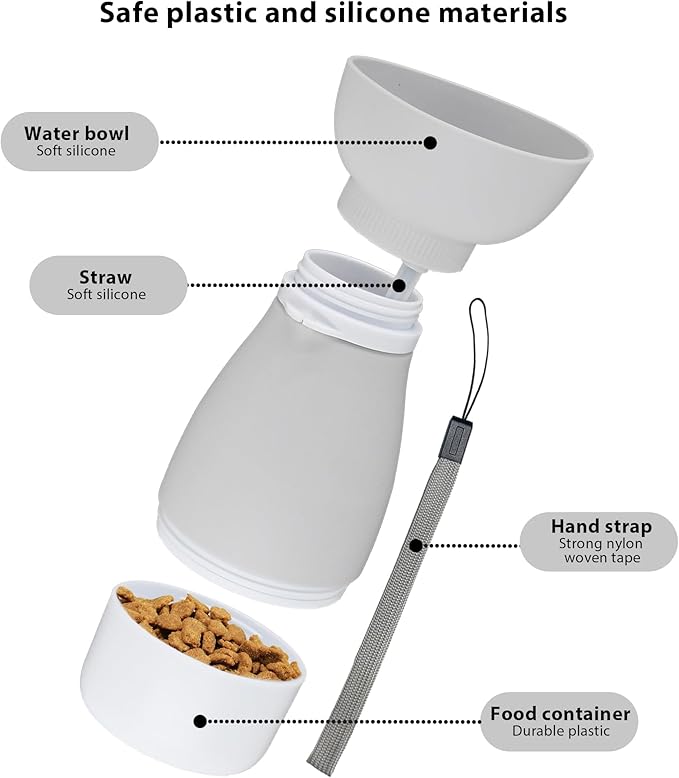 Portable Pet Water Bottle - 20 oz with 8.8 oz Food Container,Silicone Leakproof Travel Bottle for Dogs Cats, Detachable Feeding Dish for Walking Hiking Travel Grey